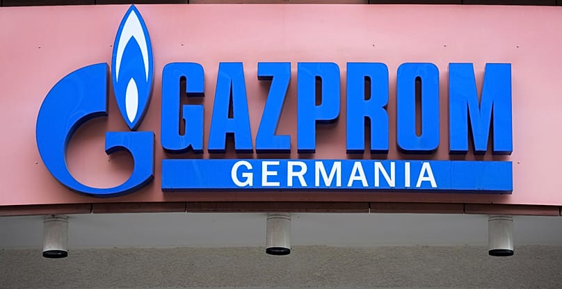 The logo of 'Gazprom Germania' is pictured at the company's headquarters in Berlin, April 6, 2022. (AP Photo/Michael Sohn)