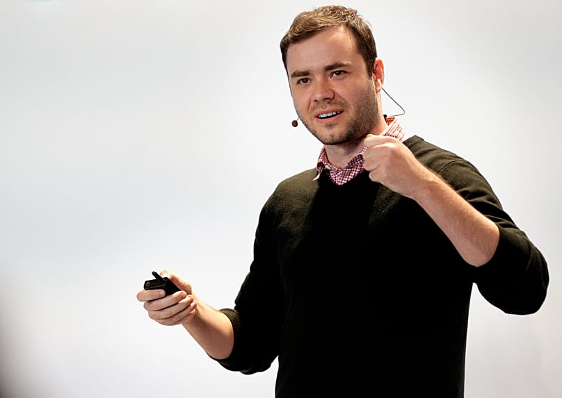 FILE. Andrej Karpathy delivering a keynote speech at the Train AI conference in San Francisco, California, May 2018