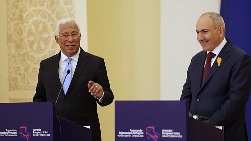 European Council President Antonio Costa, left, and Armenia's Prime Minister Nikol Pashinyan (AP Photo/Anthony Pizzoferrato)