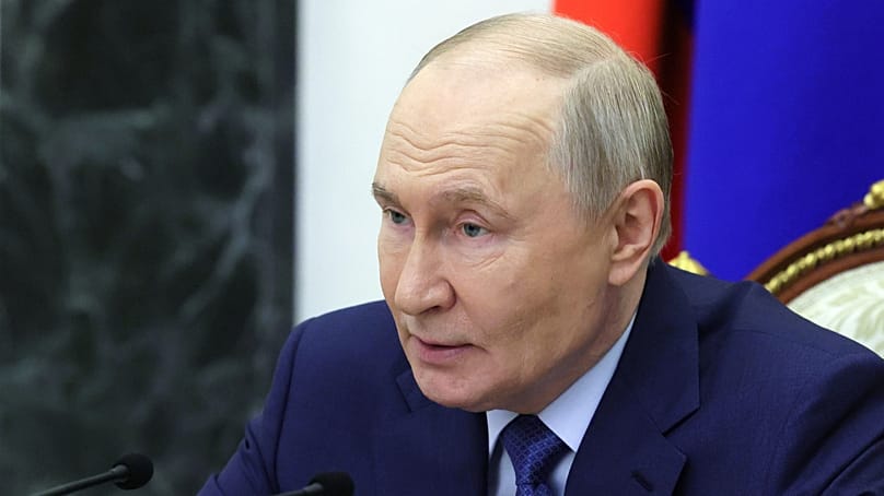 Russian President Vladimir Putin holds a meeting on economic issues at the Kremlin in Moscow. (Mikhail Metzel, Sputnik, Kremlin Pool Photo via AP)