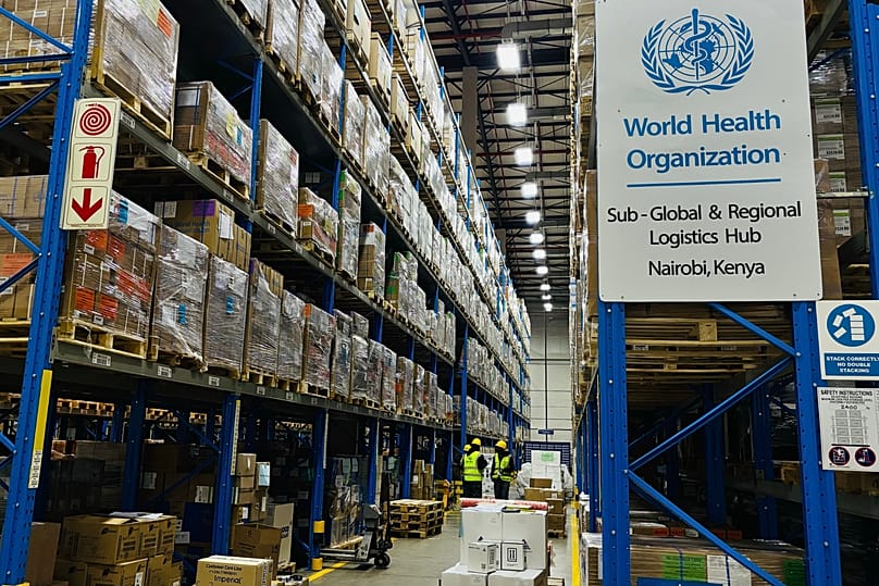 Medical supplies are stacked inside a World Health Organisation (WHO) warehouse in Nairobi, 18 May, 2026