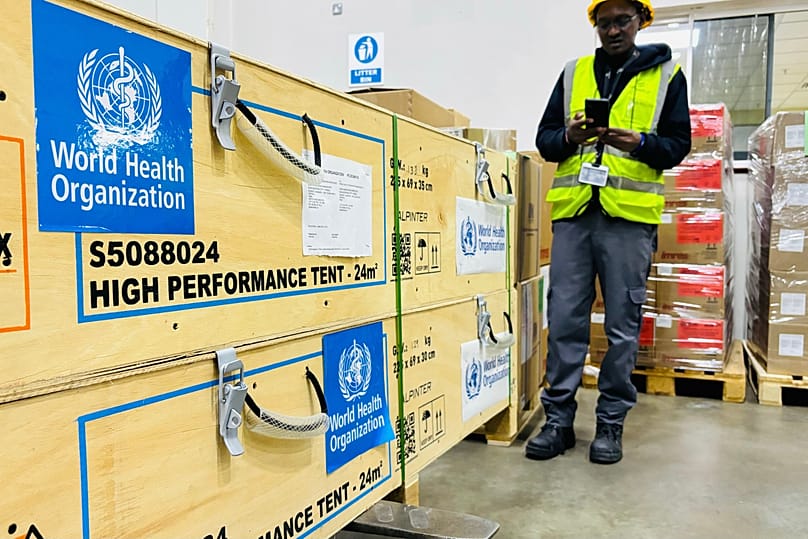 Tent consignments headed for Congo are seen at a World Health Organization (WHO) warehouse in Nairobi, Kenya, Monday, May 18, 2026.