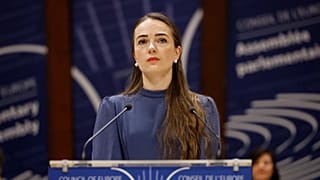 Photo : Oleksandra Matviïtchouk, avocate ukrainienne en droits humains, à l’Assemblée parlementaire du Conseil de l’Europe, à Strasbourg, le 26 janvier 2023.