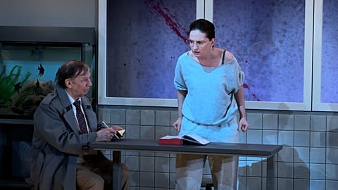 Scene from the play “Open Your Eyes”. Anna Cieślak (right), playing the Reader, 19 May 2026.
