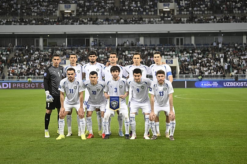 Uzbekistan’s national football team ahead of an international match. 