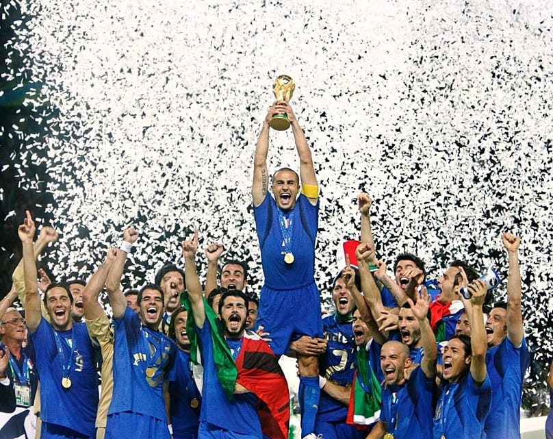 Fabio Cannavaro lifts the FIFA World Cup trophy after captaining Italy to victory in 2006.