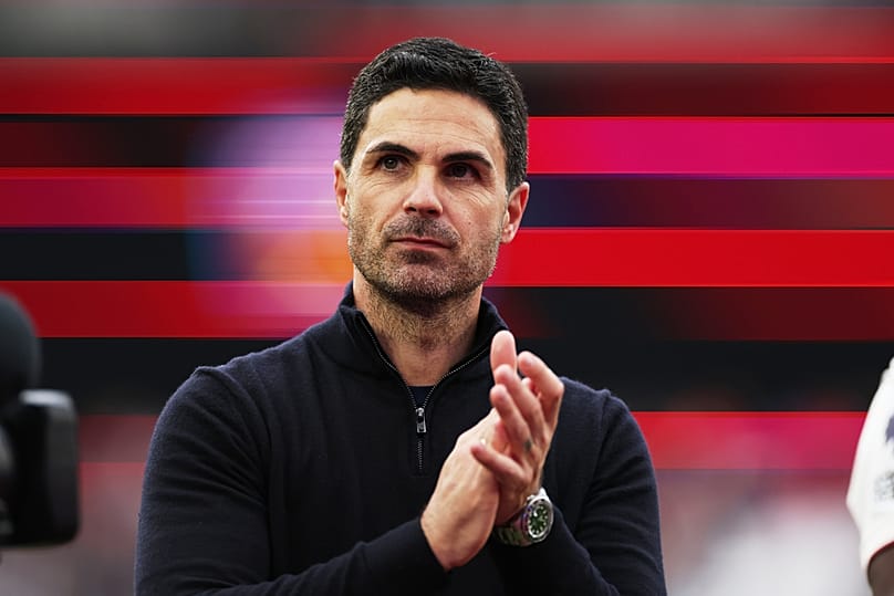 Arsenal's manager Mikel Arteta reacts after the Premier League soccer match between West Ham and Arsenal in London, Sunday, May 10, 2026