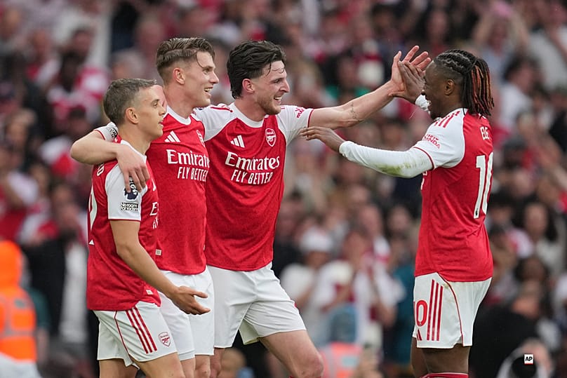 Arsenal's Viktor Gyoekeres celebrates goal with Declan Rice, Leandro Trossard and Eberechi Eze during a Premier League match against Fulham in London, England, May 2, 2026