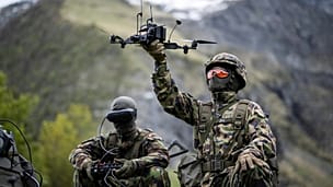 A soldier with a drone during a Swiss Army press event in Elm, Switzerland, on 18 May 2026.