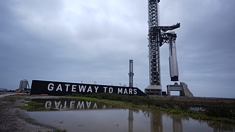 The booster for SpaceX's mega rocket Starship is prepared for a test flight from Starbase, Texas, 19 May 2026
