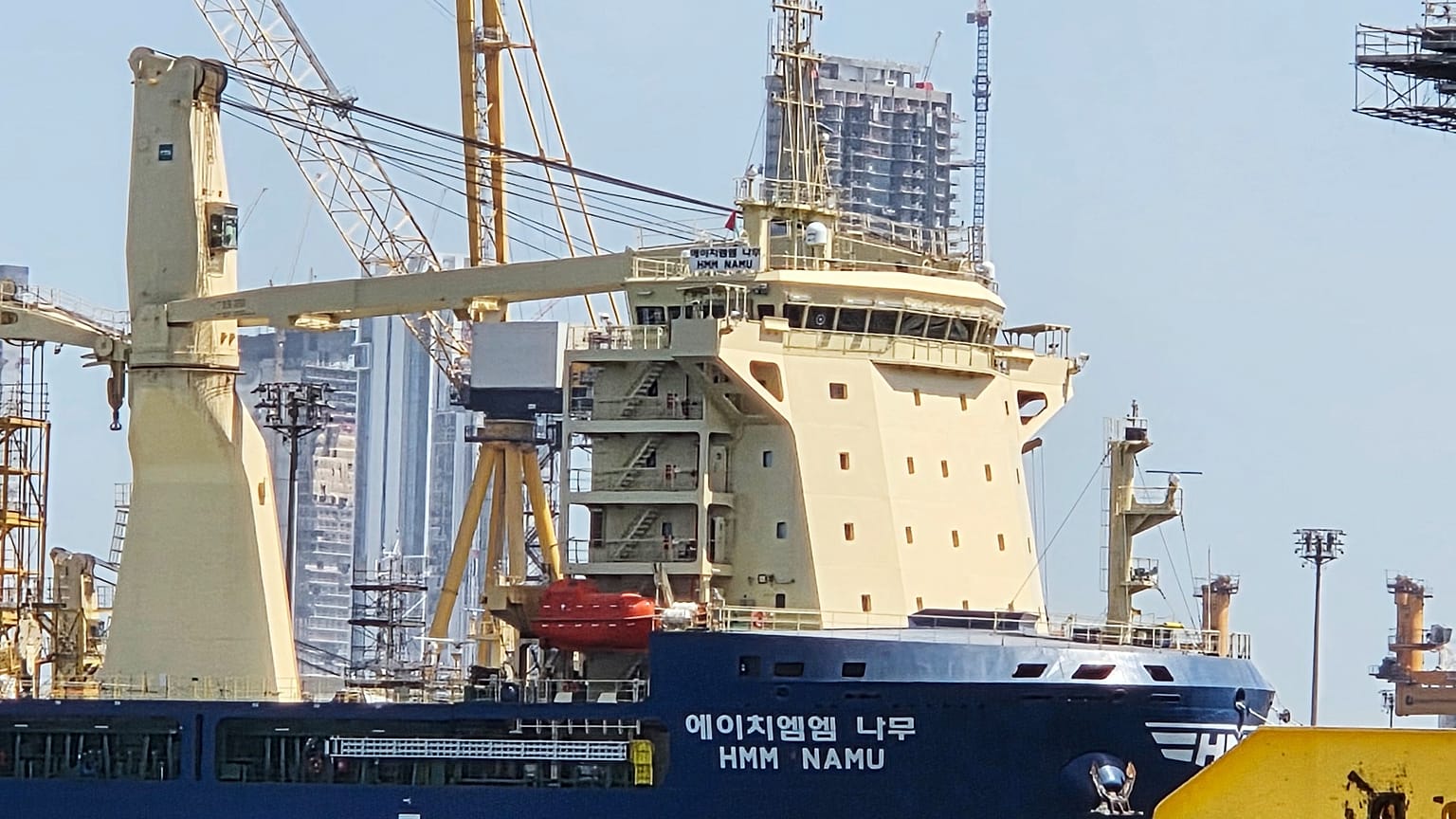 FILE - The South Korean-operated vessel HMM NAMU docked after being damaged from a fire in the Strait of Hormuz, at a port in Dubai, United Arab Emirates. May 8, 2026