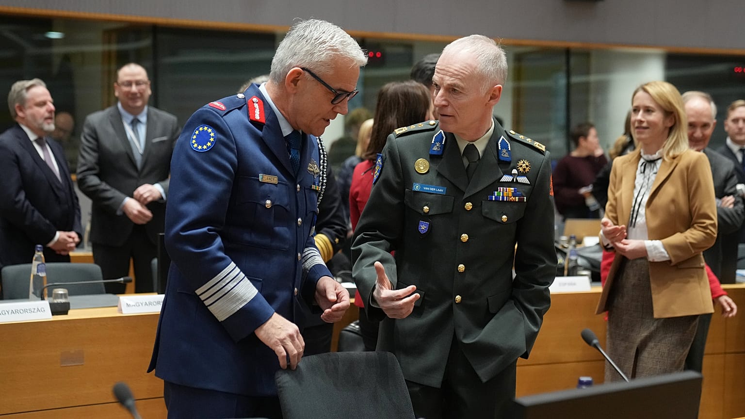 Chairman of the European Union Military Committee, General Sean Clancy, left, speaks with Director General of the European Union Military Staff, Lieutenant General Michiel van