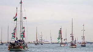 Boats carrying activists and humanitarian aid for Palestinians in Gaza reposition in port in Barcelona, 12 April, 2026