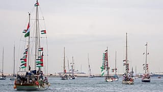 Boats carrying activists and humanitarian aid for Palestinians in Gaza reposition in port in Barcelona, 12 April, 2026
