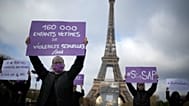 Manifestation contre les abus sexuels sur mineurs, à Paris, le mercredi 17 novembre 2021. (Photo AP/Christophe Ena)