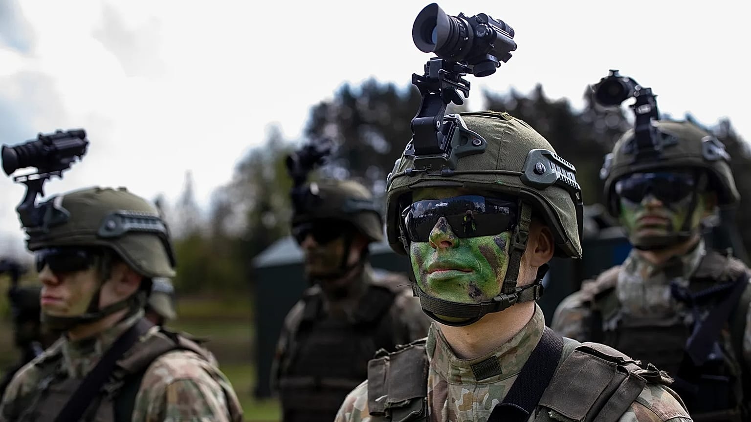 Lithuanian soldiers take part in a Lithuanian-Polish military exercise in Lithuania on April 26, 2024.