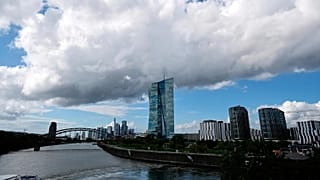 FILE -Clouds cover the sky over the headquarters of the European Central Bank in Frankfurt, Germany, 11 September 2025.