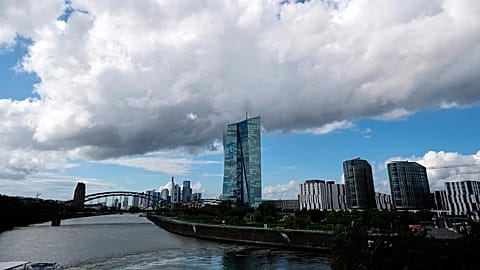 FILE -Clouds cover the sky over the headquarters of the European Central Bank in Frankfurt, Germany, 11 September 2025.