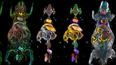 Transparent color-coded mouse scans annotated by MouseMapper for whole-body disease analysis.