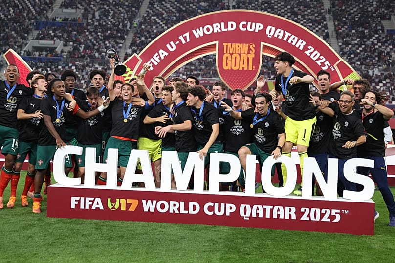 Portugal's players celebrate after winning the FIFA U17 World Cup final soccer match against Austria in Doha, Qatar, on Thursday, Nov. 27, 2025. 