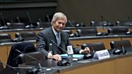 Vincent Bolloré poses before a hearing of a parliamentary inquiry commission at the National Assembly, in Paris.  (AP Photo/Thibault Camus)