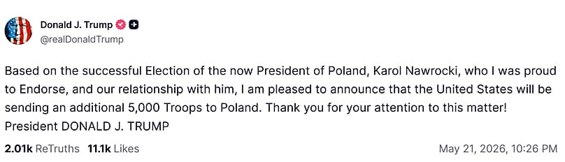 Wpis Donalda Trumpa dotyczący wysłania do Polski  5 tysięcy żołnierzy - screen z platformy Truth Social