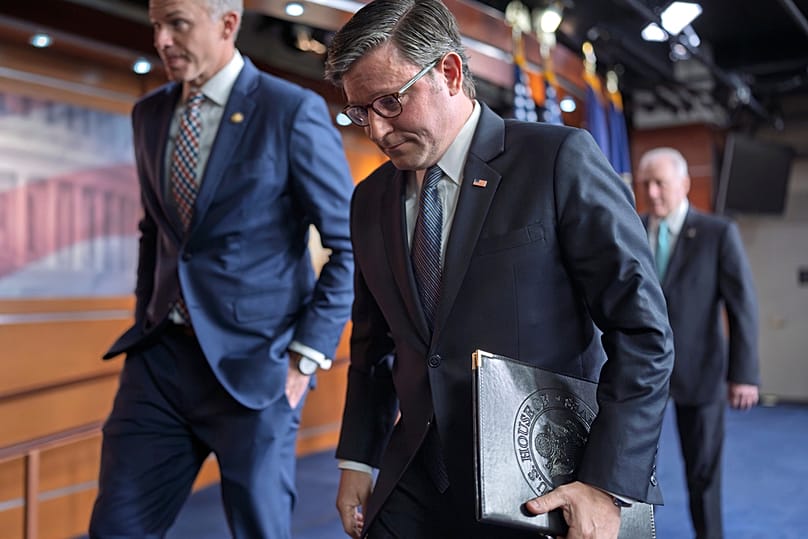 Speaker of the House Mike Johnson departs the Capitol after primary elections that affirmed President Trump's dominance of the Republican Party, Wednesday, May 20, 2026