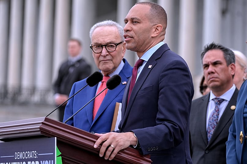House Minority Leader Hakeem Jeffries speaks as Senate Minority Leader Chuck Schumer, Pete Aguilar, listen during a news conference on Capitol Hill Thursday, May 21, 2026