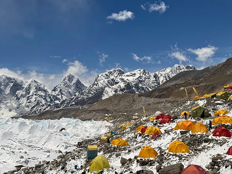 Mountaineers' and guides' tents are spread over at the base camp of Mount Everest, Nepal, 10 May 2026.