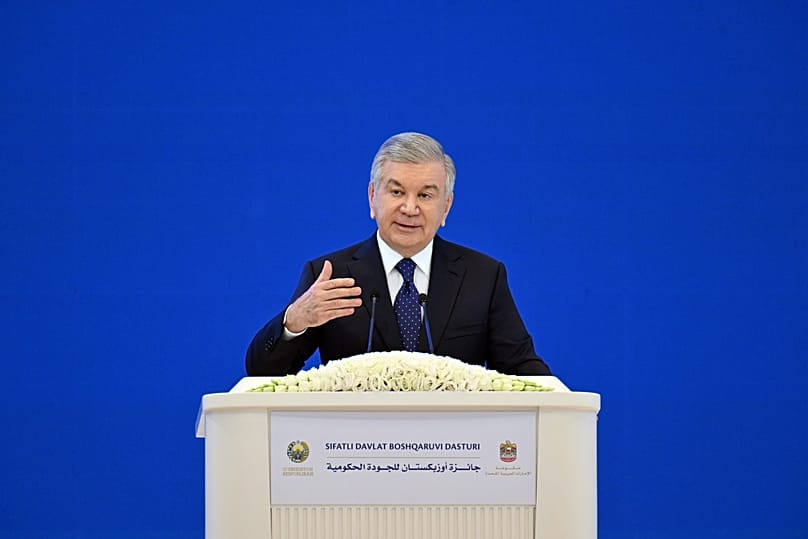 Uzbek President Shavkat Mirziyoyev delivers a speech during the Government Quality Award ceremony.