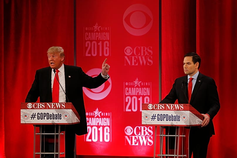 O candidato presidencial republicano e senador Marco Rubio durante um debate presidencial, a 13 de fevereiro de 2016 (AP Photo/John Bazemore)