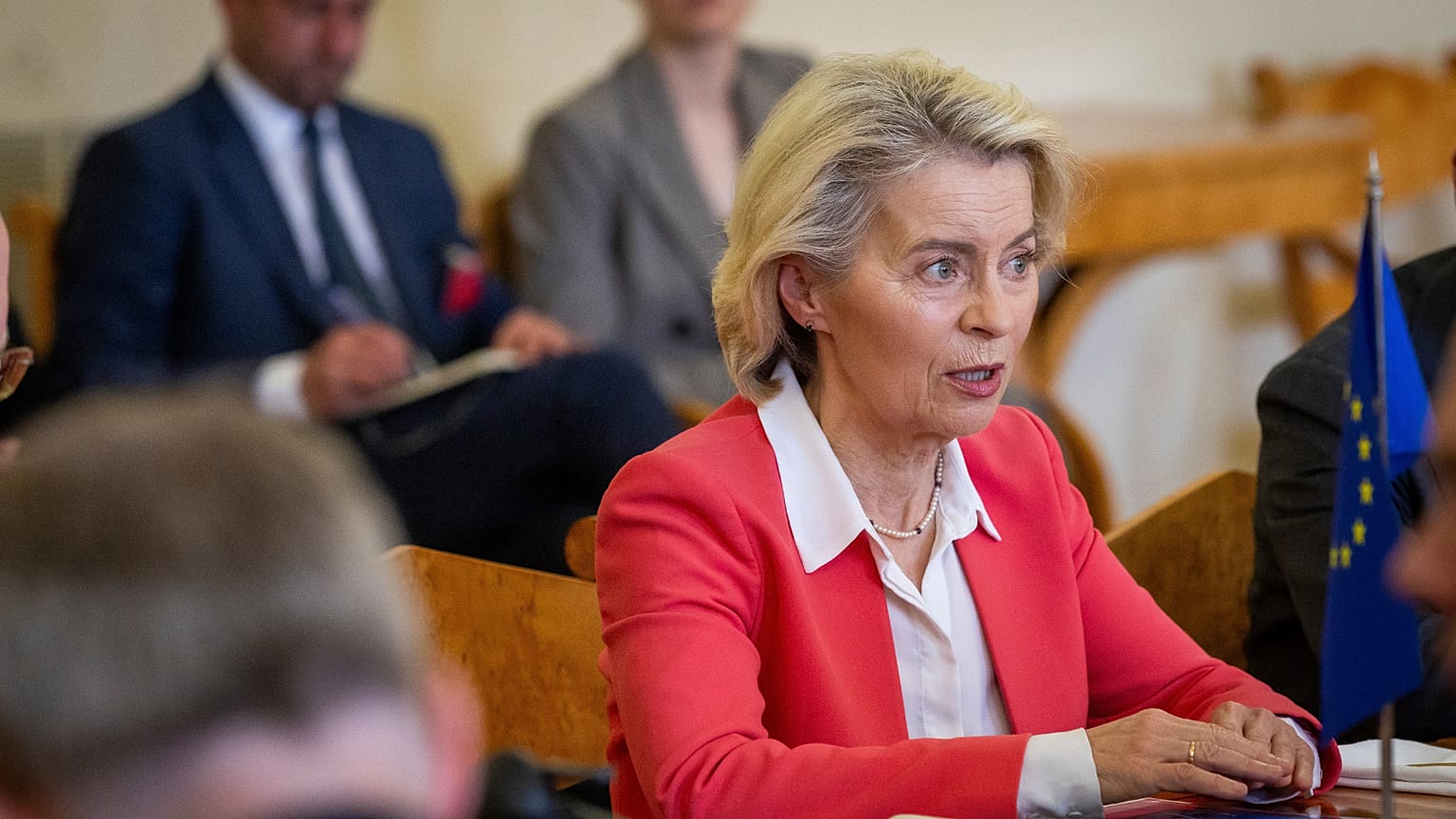European Commission President Ursula von der Leyen listens during the meeting at the Presidential palace in Vilnius, Lithuania, Tuesday, May 26, 2026. 