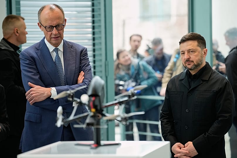 German Chancellor Friedrich Merz and Ukraine's President Volodymyr Zelenskyy in Berlin Germany, Tuesday, April 14, 2026.