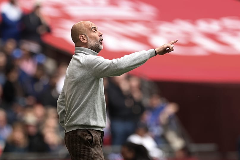 Manchester City's head coach Pep Guardiola gives instructions to his players during the FA Cup final between Chelsea and Manchester City in London, 16 May, 2026