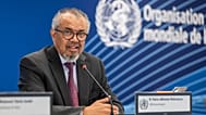 World Health Organization (WHO) Director-General Tedros Adhanom Ghebreyesus speaks to the media in Geneva