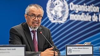 World Health Organization (WHO) Director-General Tedros Adhanom Ghebreyesus speaks to the media in Geneva