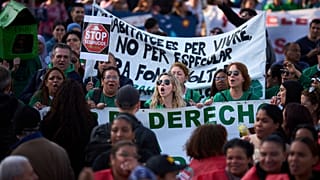 People take part in a protest over soaring housing costs in Barcelona, Spain, on Saturday 5 April 2025. (AP Photo/Emili