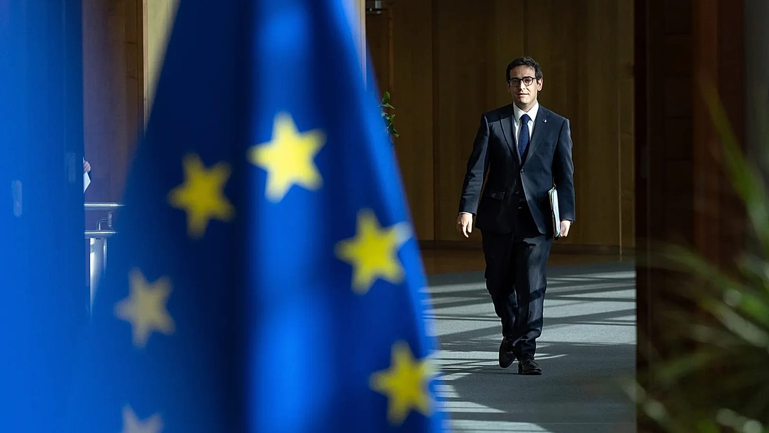 European Commissioner for Prosperity and Industrial Strategy Stéphane Séjourné arrives at EU headquarters in Brussels, 21 May, 2025