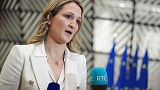 Ireland's Foreign Minister Helen McEntee speaks with the media as she arrives for a meeting of EU foreign ministers Dec. 15, 2025.