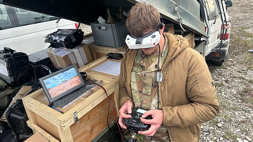 A Ukrainian drone pilot flies a FPV drone during a military exercises in Gotland, Sweden, Sunday, May 10, 2026. 