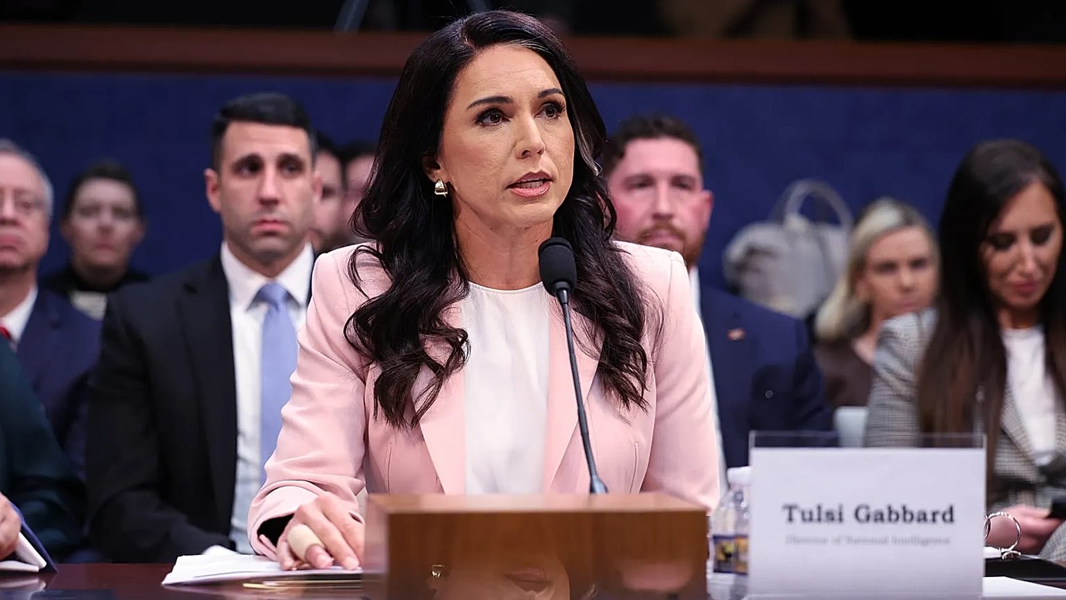 Former Director of National Intelligence Tulsi Gabbard speaks during a House Permanent Select Committee on Intelligence hearing in Washington DC on Thursday, March 19, 2026