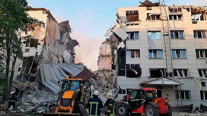 Dormitory of a university college building allegedly struck by Ukrainian drones in Starobilsk, Ukraine, Friday, May 22, 2026.