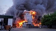 A building burns after a Russian missile attack in Kyiv, Ukraine, Sunday, May 24, 2026. 