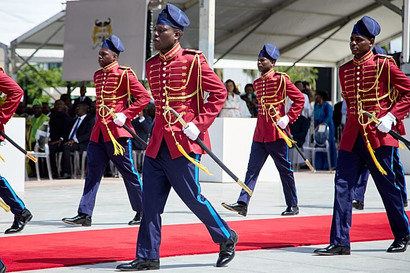 Ceremonial guards perform during the inauguration of the President-elect, Romuald Wadagni, at the Palais des Congres in Cotonou, Benin, Sunday, May 24, 2026. 