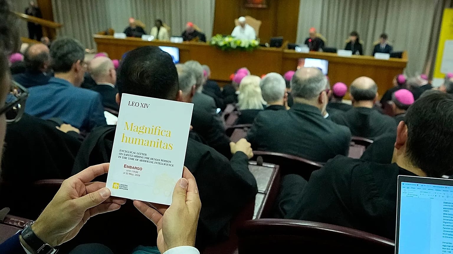 Pope Leo XIV attends the presentation of his first encyclical, "Magnifica humanitas” at the Vatican, 25 May, 2026