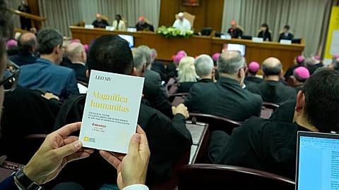 Pope Leo XIV attends the presentation of his first encyclical, "Magnifica humanitas” at the Vatican, 25 May, 2026