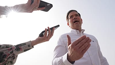 United States Secretary of State Marco Rubio speaks to the journalists before boarding his plane at Indira Gandhi International Airport in New Delhi, India, Monday, May 25, 20