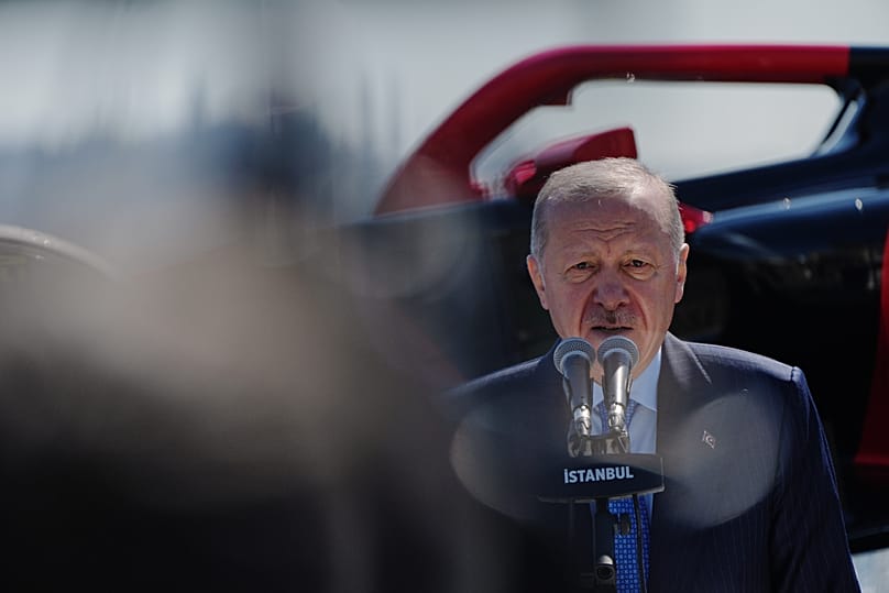 Turkey's President Recep Tayyip Erdoğan gives a speech at Dolmabahçe Palace in Istanbul, 24 April, 2026