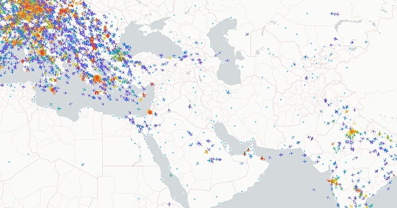A snapshot of the airspace between Europe, Africa and Asia as seen on Monday 25th May 2026