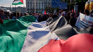 Thursday, April 30, 2026, during a rally to protest the interception of Gaza aid ships by Israeli forces near Greek waters. (AP Photo/Petros Giannakouris)
